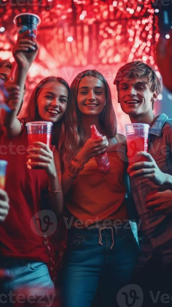 ai generativo multi étnico amigos grupo tostado cócteles contento joven personas teniendo divertido celebrando interior fiesta juntos multicultural estudiantes colgando fuera sábado noche juventud y amigos foto