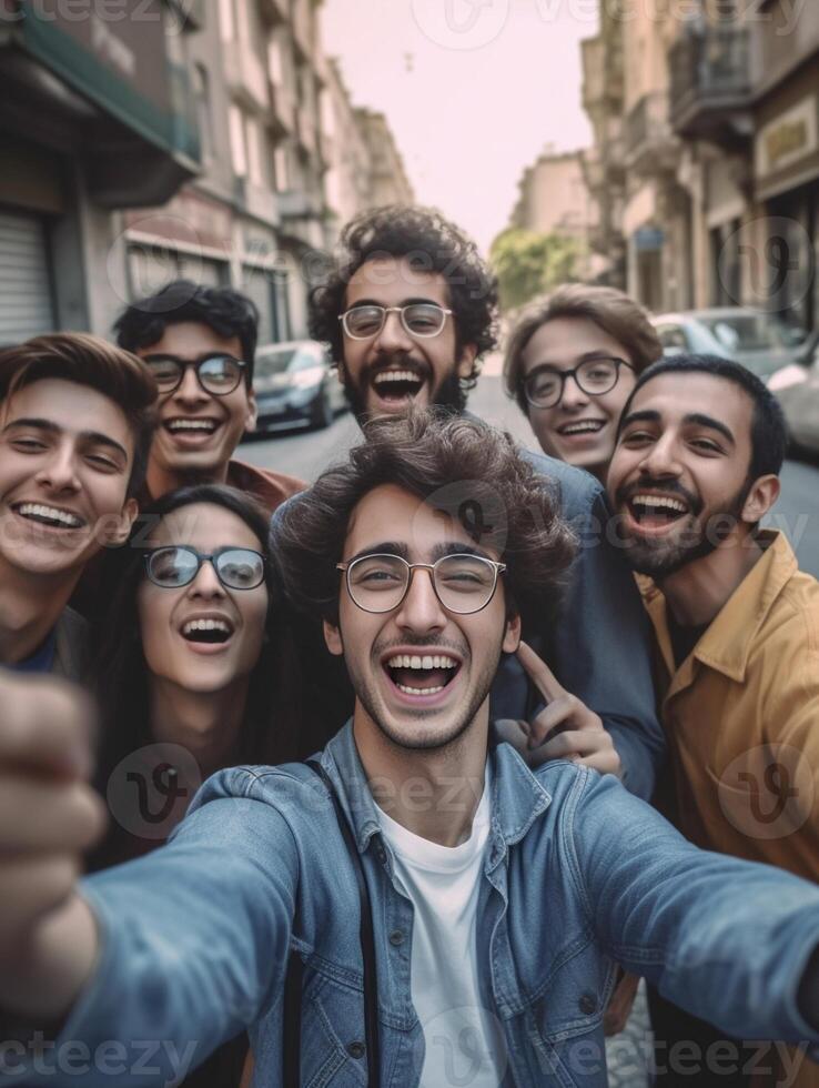 ai generativo multicultural mejor amigos teniendo divertido tomando grupo selfie retrato fuera de sonriente chicos y muchachas celebrando fiesta día colgando fuera juntos en ciudad calle contento estilo de vida y fr foto