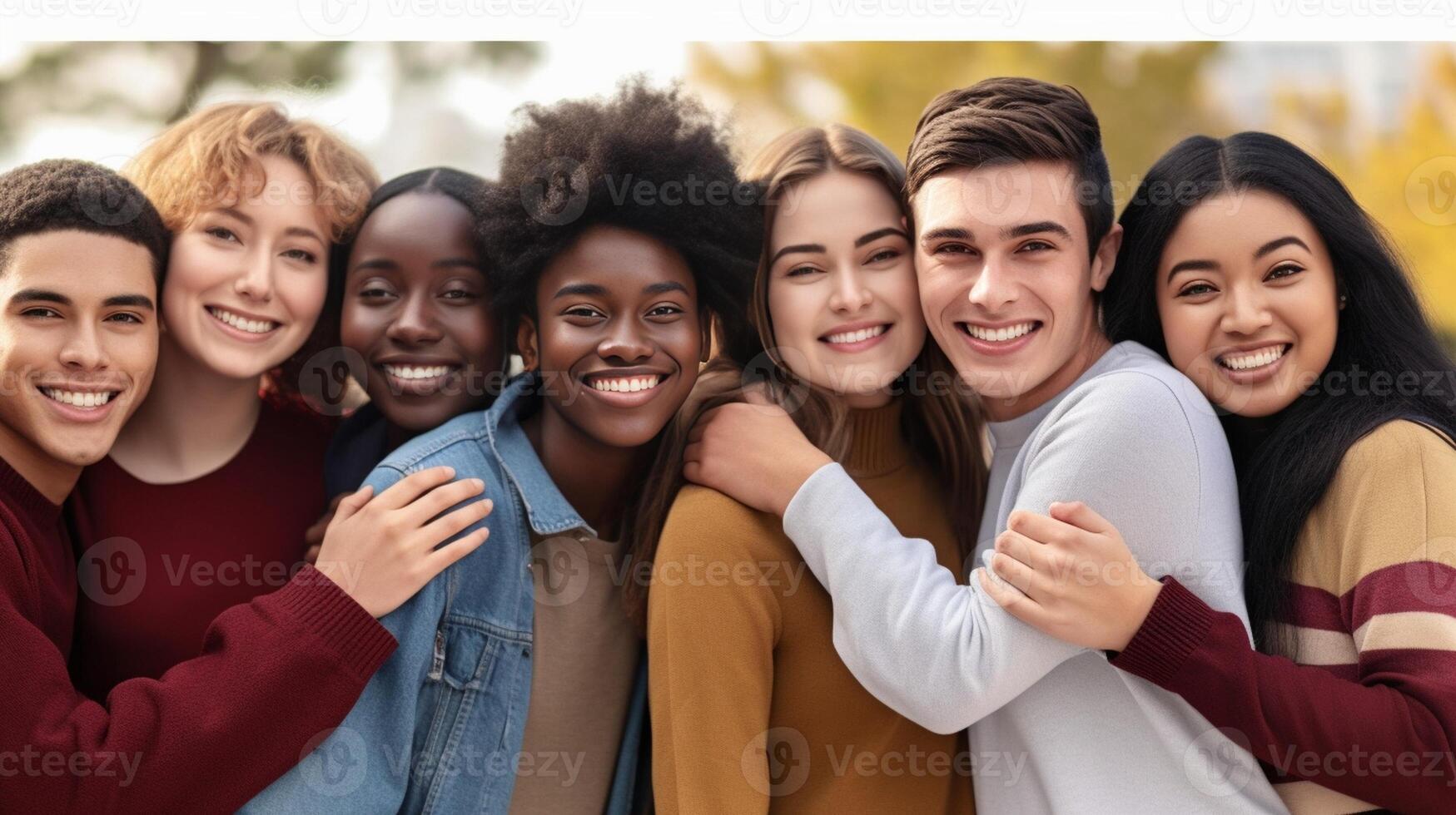 ai generativo multi étnico joven personas equipo abrazando juntos fuera de internacional comunidad de estudiantes apoyo y ayuda cada otro amistad equipo edificio y diversidad concepto foto