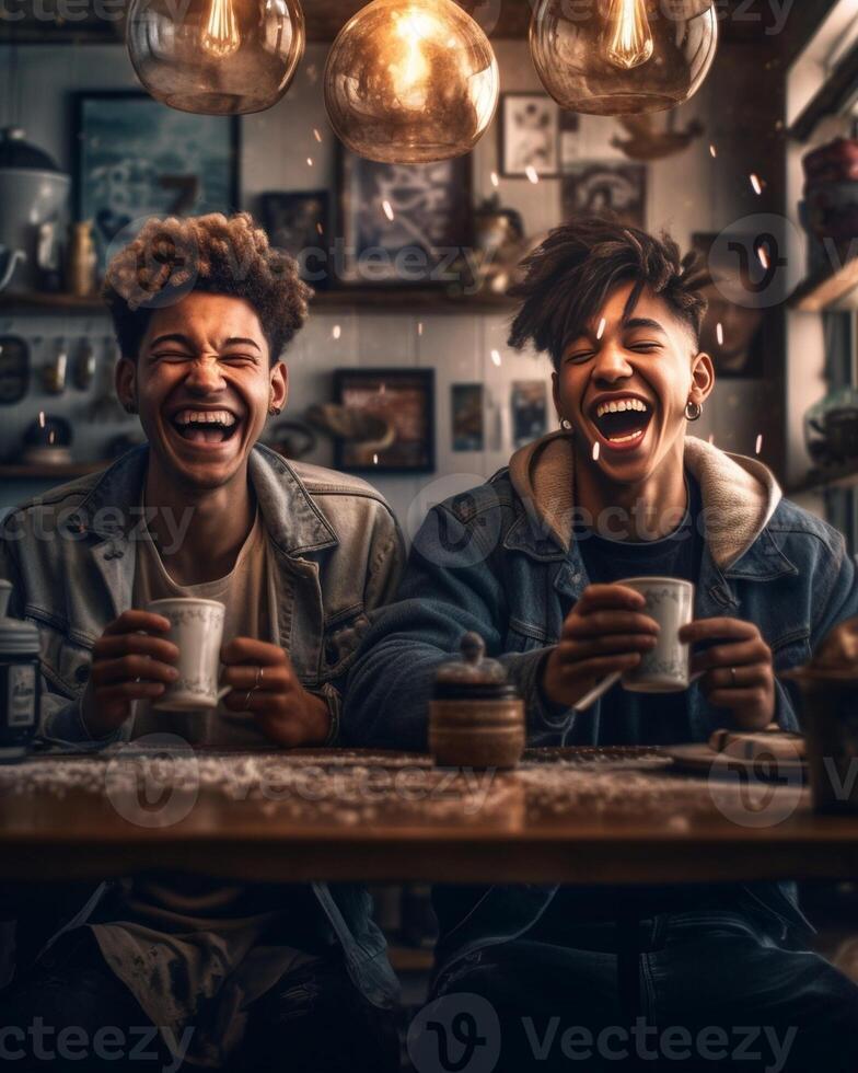 ai generativo multirracial mejor amigos teniendo divertido Bebiendo té en un bar concepto acerca de amistad bebida personas y estilo de vida foto