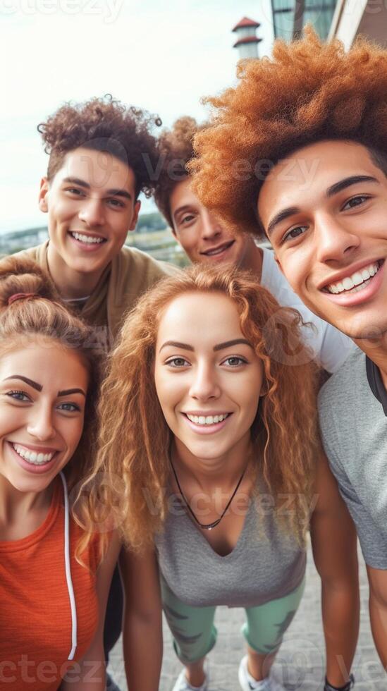 AI Generative Multiracial best friends taking selfie walking on city street  Happy young people having fun enjoying day out  Diverse teens laughing at camera on summer vacation  Friendship and t photo