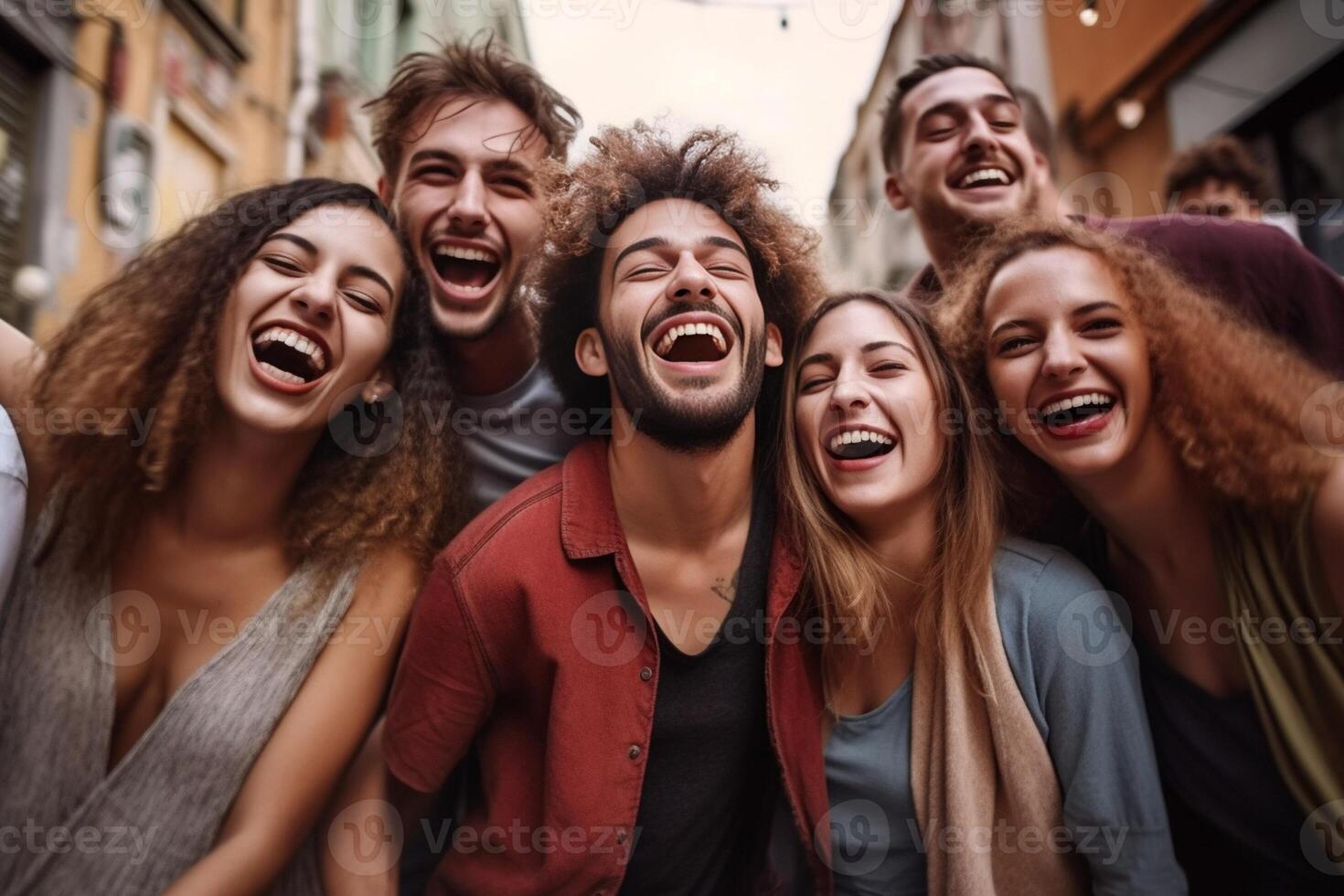 AI Generative Multiracial group of friends having fun together on city street  Millenial people laughing hugging outside  Friendship concept with guys and girls enjoying hanging outside photo