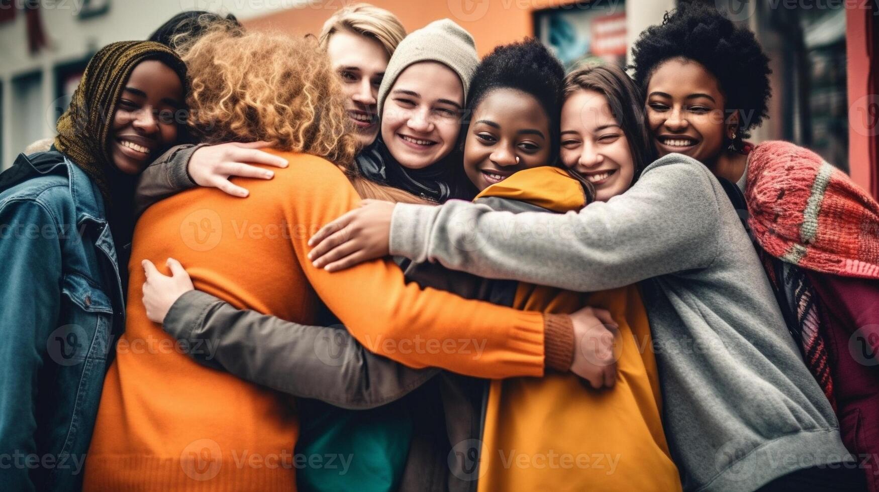 AI Generative Multiracial group of people hugging outdoors  Happy friends having fun hanging outside  Youth community concept with guys and girls supporting each other photo