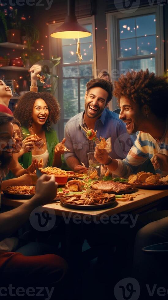 ai generativo multirracial contento amigos comiendo hamburguesa y Pizza sentado a pub restaurante mesa joven personas teniendo cena fiesta en casa balcón entrega comida concepto con chicos y muchachas di foto