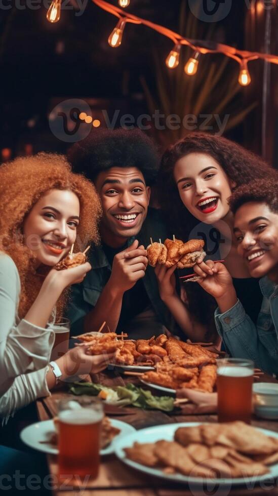 AI Generative Multiracial happy friends eating hamburger and pizza sitting at pub restaurant table  Young people having diner party in house balcony  Delivery food concept with guys and girls di photo