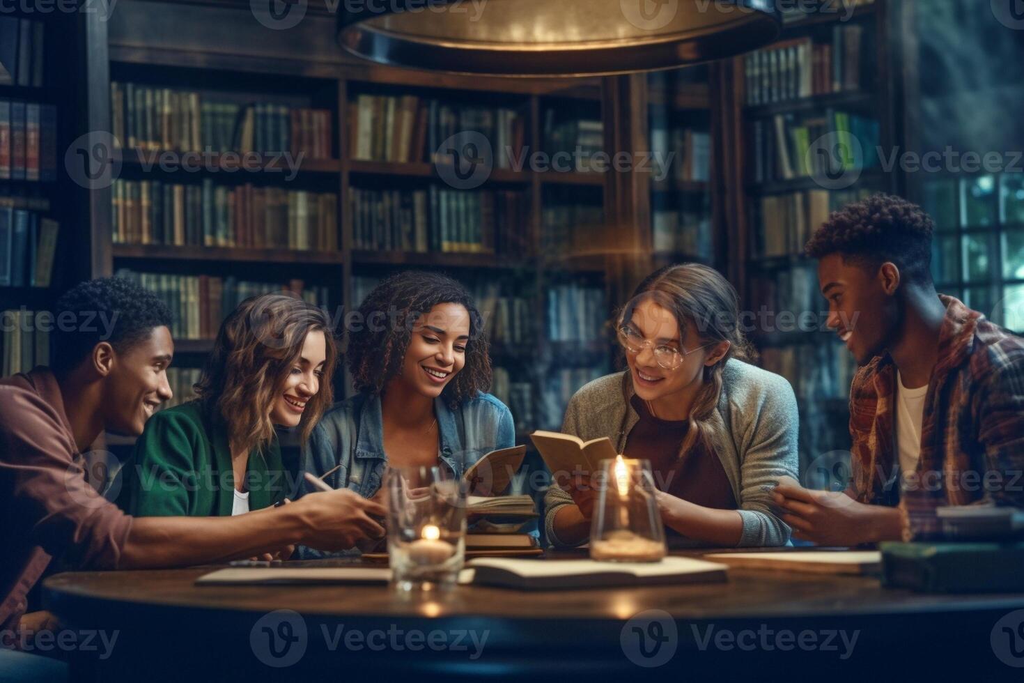 AI Generative Multiracial university students sitting together at table with books and laptop  Happy young people doing group study in high school library  Life style concept with guys and girls photo