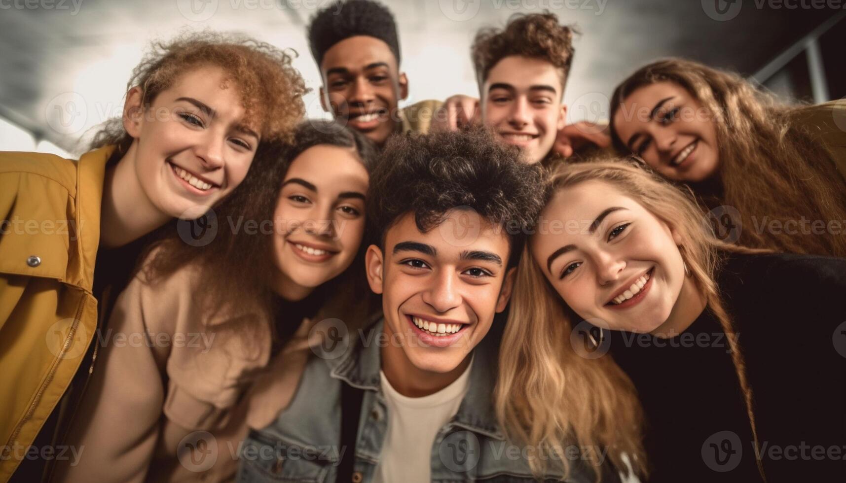 ai generativo multirracial joven personas sonriente a cámara en pie en frente de un pared antecedentes juventud comunidad concepto con chicos y muchachas abrazando juntos Universidad estudiantes fuera de colegio foto