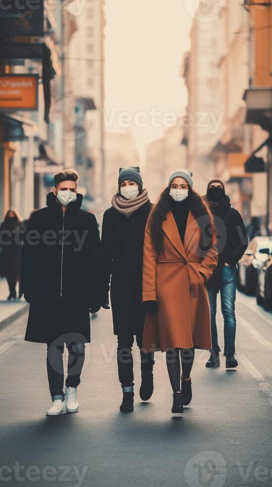 AI Generative Multiracial young people with face mask looking at camera  New normal lifestyle concept with guys and girls walking in the city photo