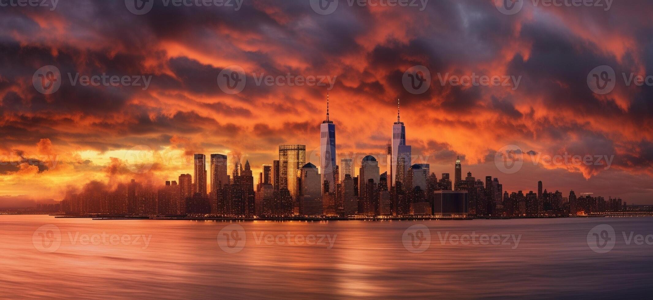 ai generativo nuevo York ciudad panorama a puesta de sol con un dramático cielo en el antecedentes foto