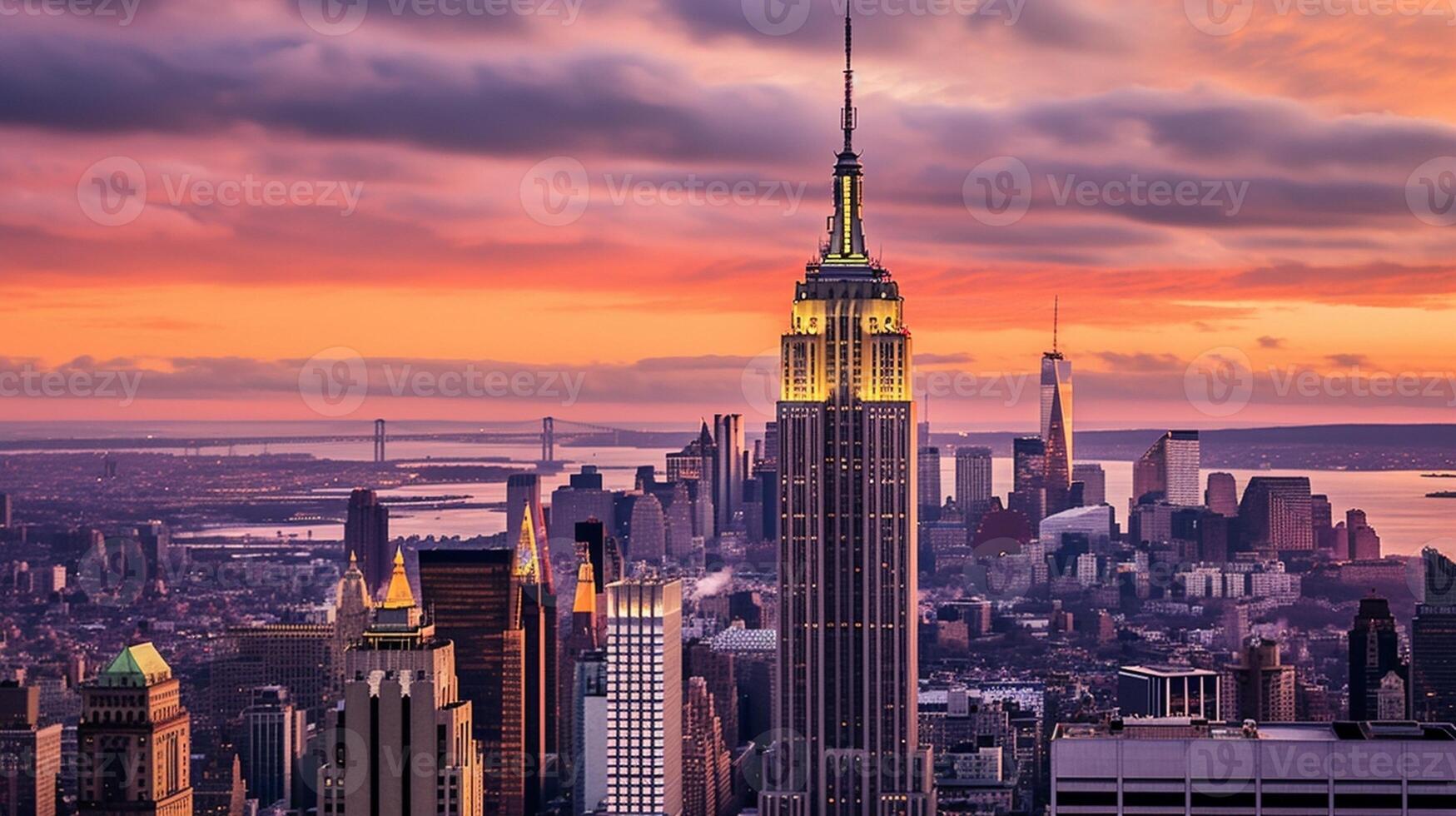 AI Generative New York city panorama at sunset with a dramatic sky in the background photo