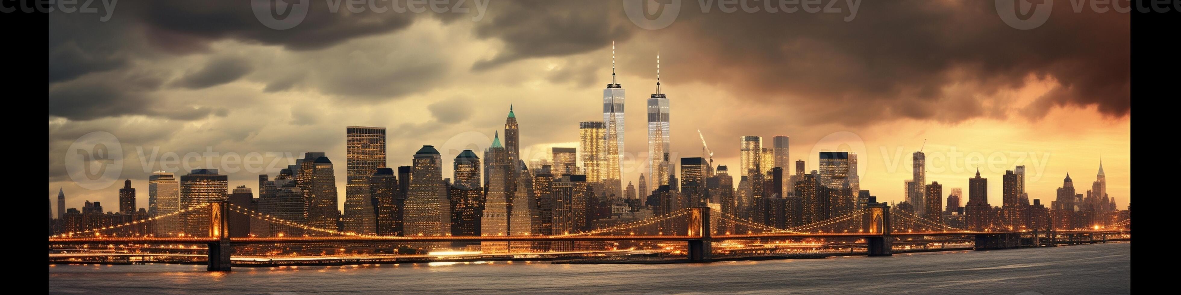 AI Generative New York city panorama at sunset with a dramatic sky in the background photo