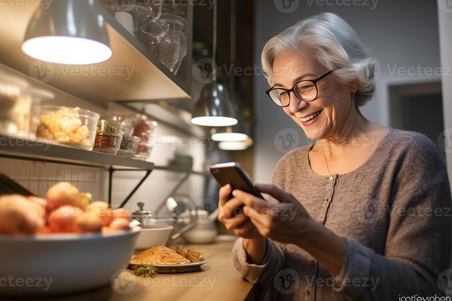 AI Generative Older senior woman chef cooking in the kitchen at home reading recipe on a tablet device photo