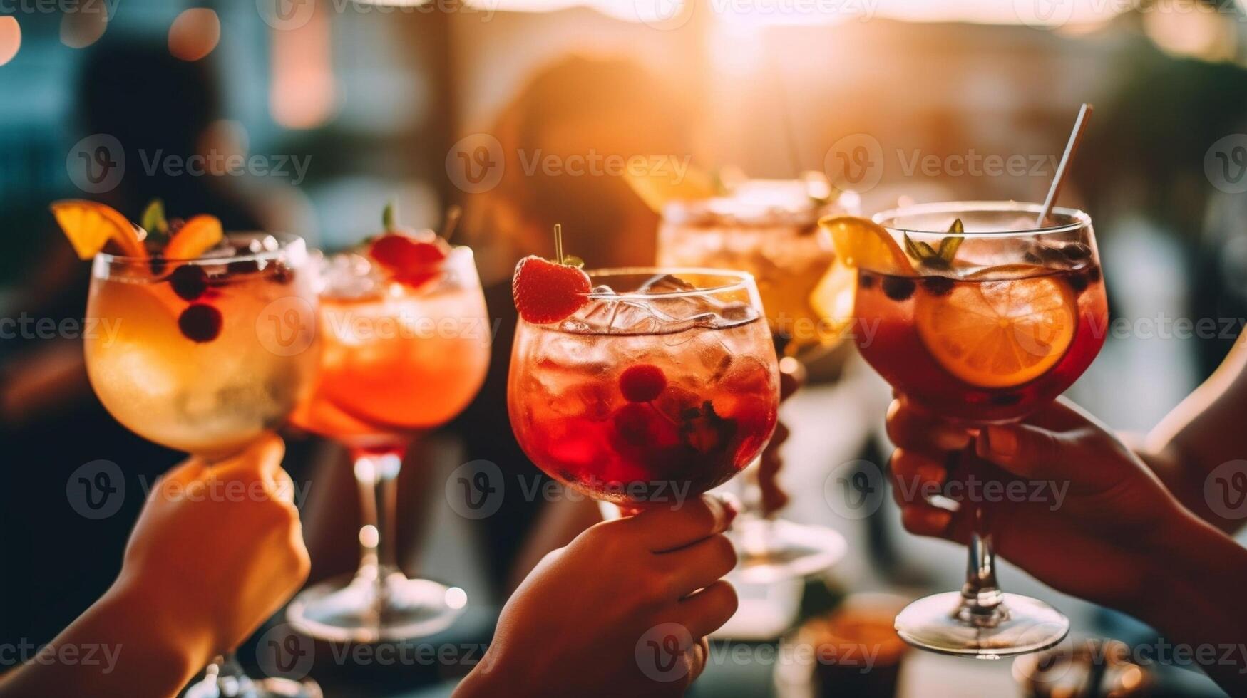 AI Generative People hands holding cocktail glasses in bar table  Group of people eating appetizers enjoying happy hour time in pub restaurant  Beverage lifestyle concept photo