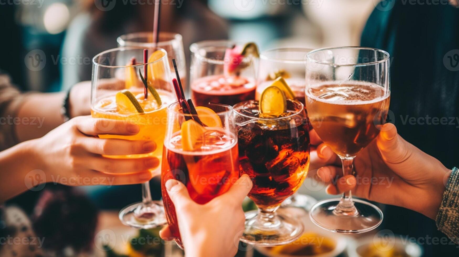 AI Generative People hands holding cocktail glasses in bar table  Group of people eating appetizers enjoying happy hour time in pub restaurant  Beverage lifestyle concept photo