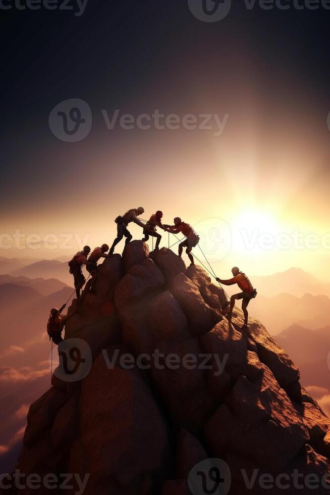 AI Generative People helping each other hike up a mountain at sunrise  Giving helping hand and teamwork concept  Closeup on hands photo