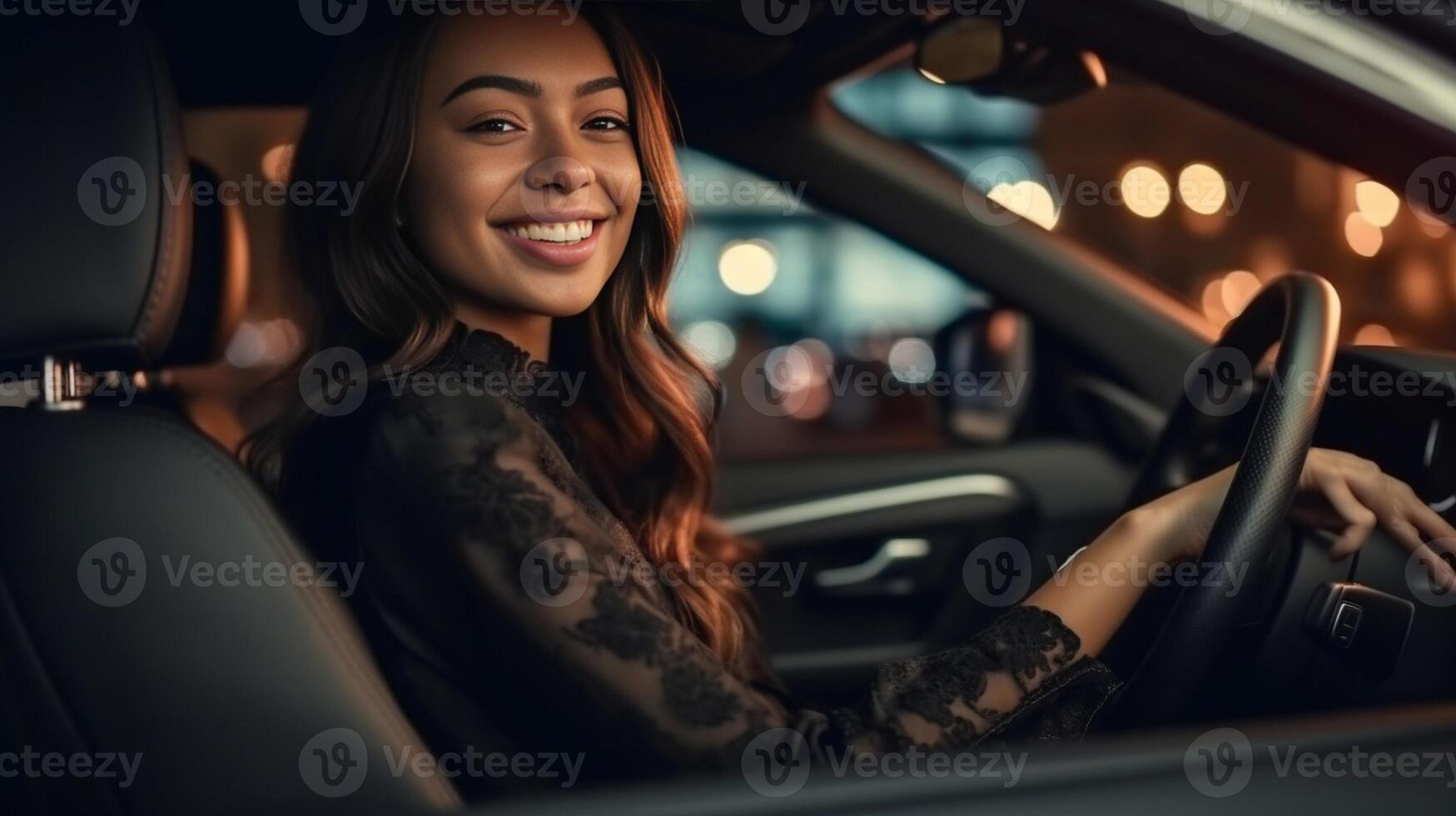 AI Generative Photo of positive delightful woman driver enjoying car ride  Happy young female buying new auto  Automobile industry and rental car concept