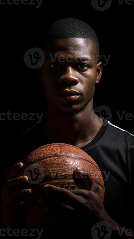 AI Generative Portrait of a basketball player holding ball with hands  Athlete concentrating on game  Selective focus on the ball photo