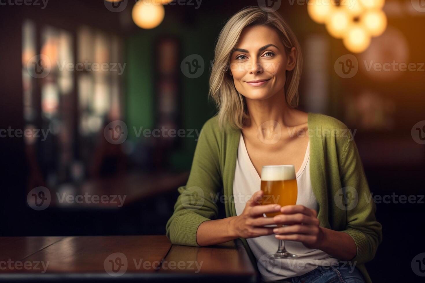 AI Generative Portrait of a beatiful caucasian woman drinking beer with her group of friends at a bar restaurant She is looking at the camera holding the glass photo