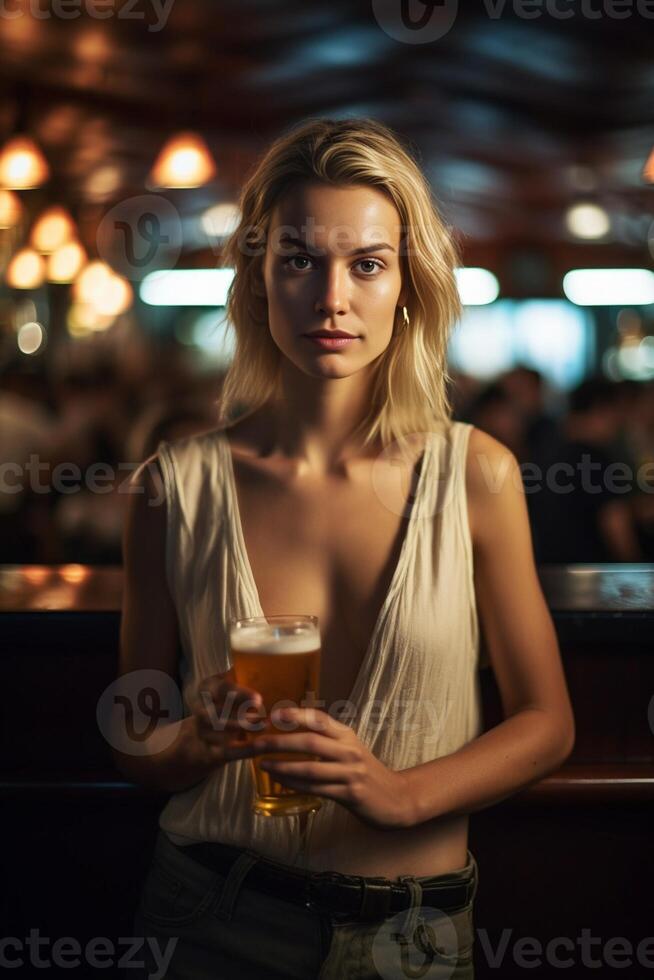 AI Generative Portrait of a beatiful caucasian woman drinking beer with her group of friends at a bar restaurant She is looking at the camera holding the glass photo