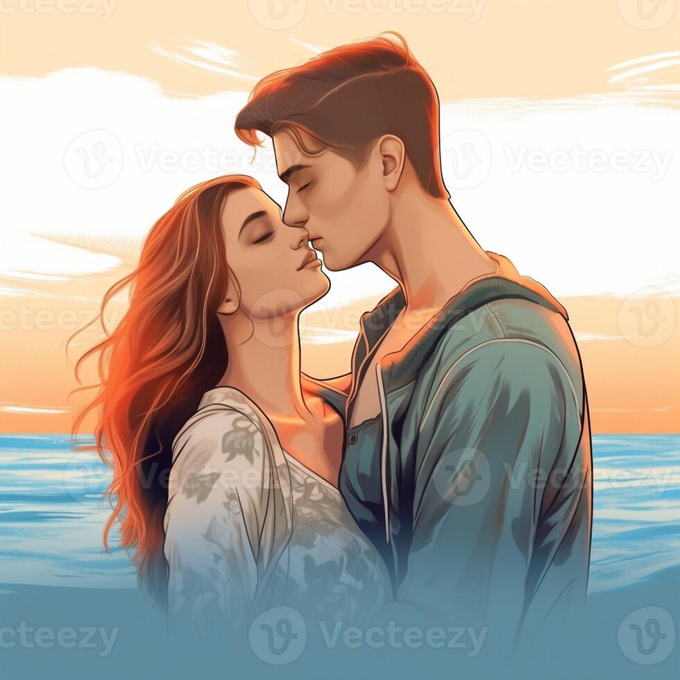 AI Generative Portrait of a beatiful loving couple having fun at the beach Young cute girl embracing her boyfriend from the back photo