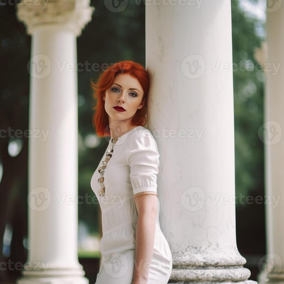 AI Generative Portrait of a beautiful redhead woman outdoor  Strong and successful women concept photo