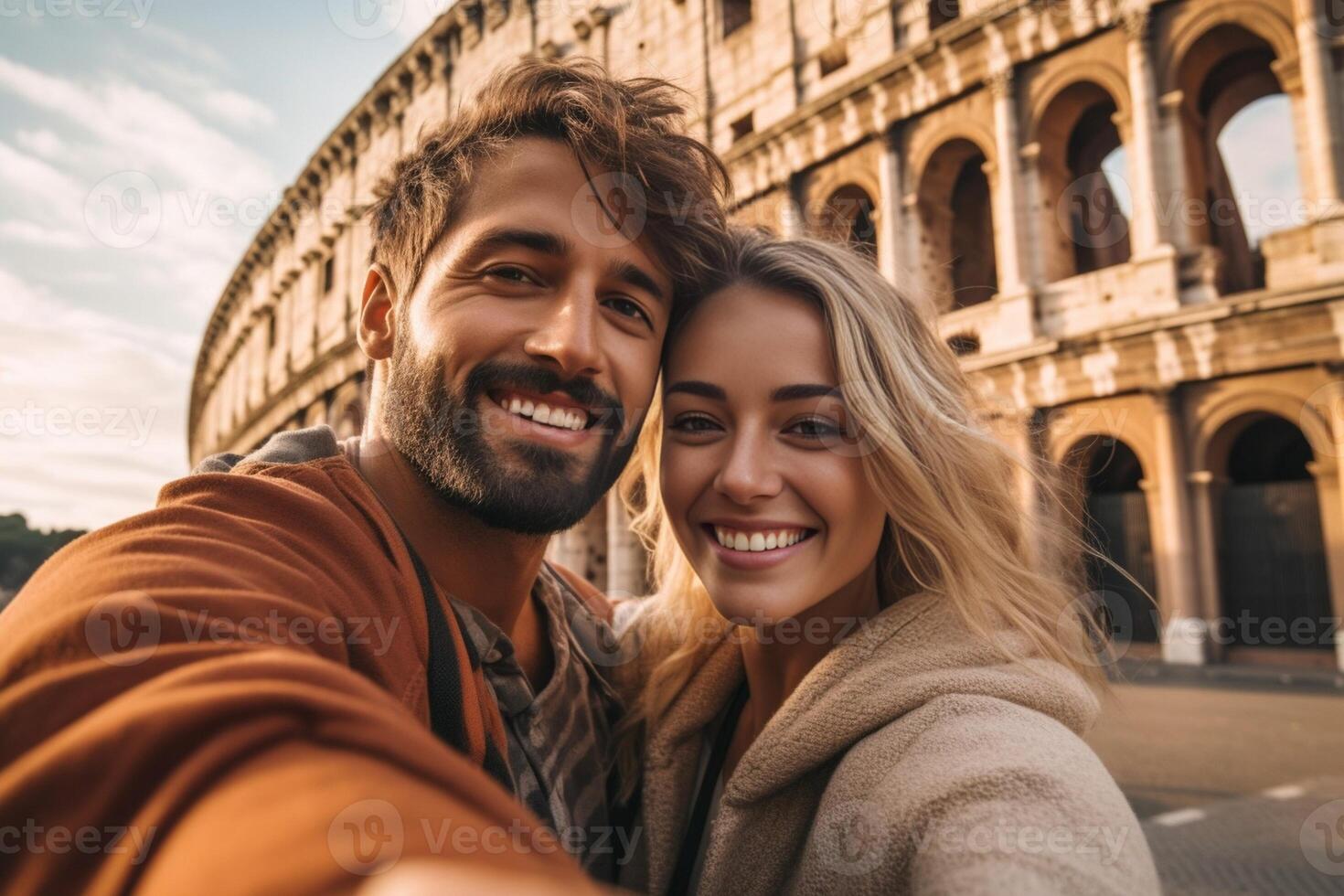 ai generativo retrato de un hermosa contento Pareja a vacaciones en Roma en frente de panteón anfiteatro Italia concepto acerca de fiesta viaje personas y estilo de vida foto