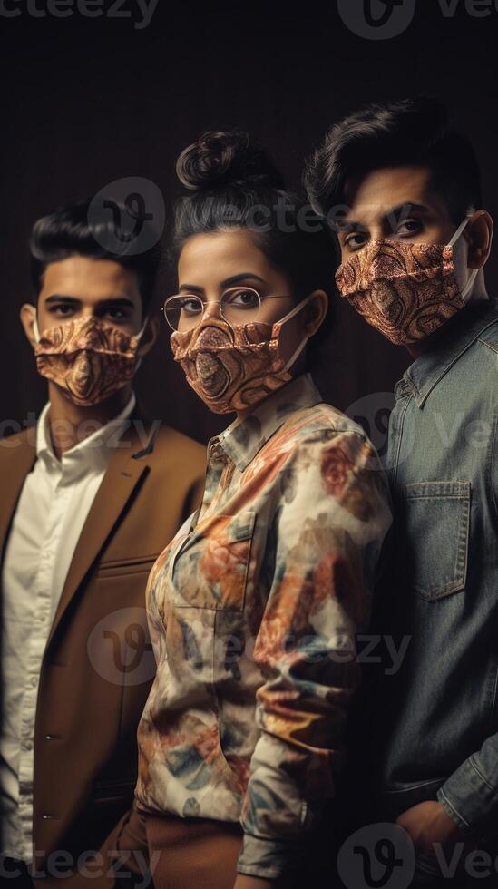 AI Generative Portrait of a group of multiracial people covered by face masks  New normal lifestyle concept with students going to school  Vintage filter photo