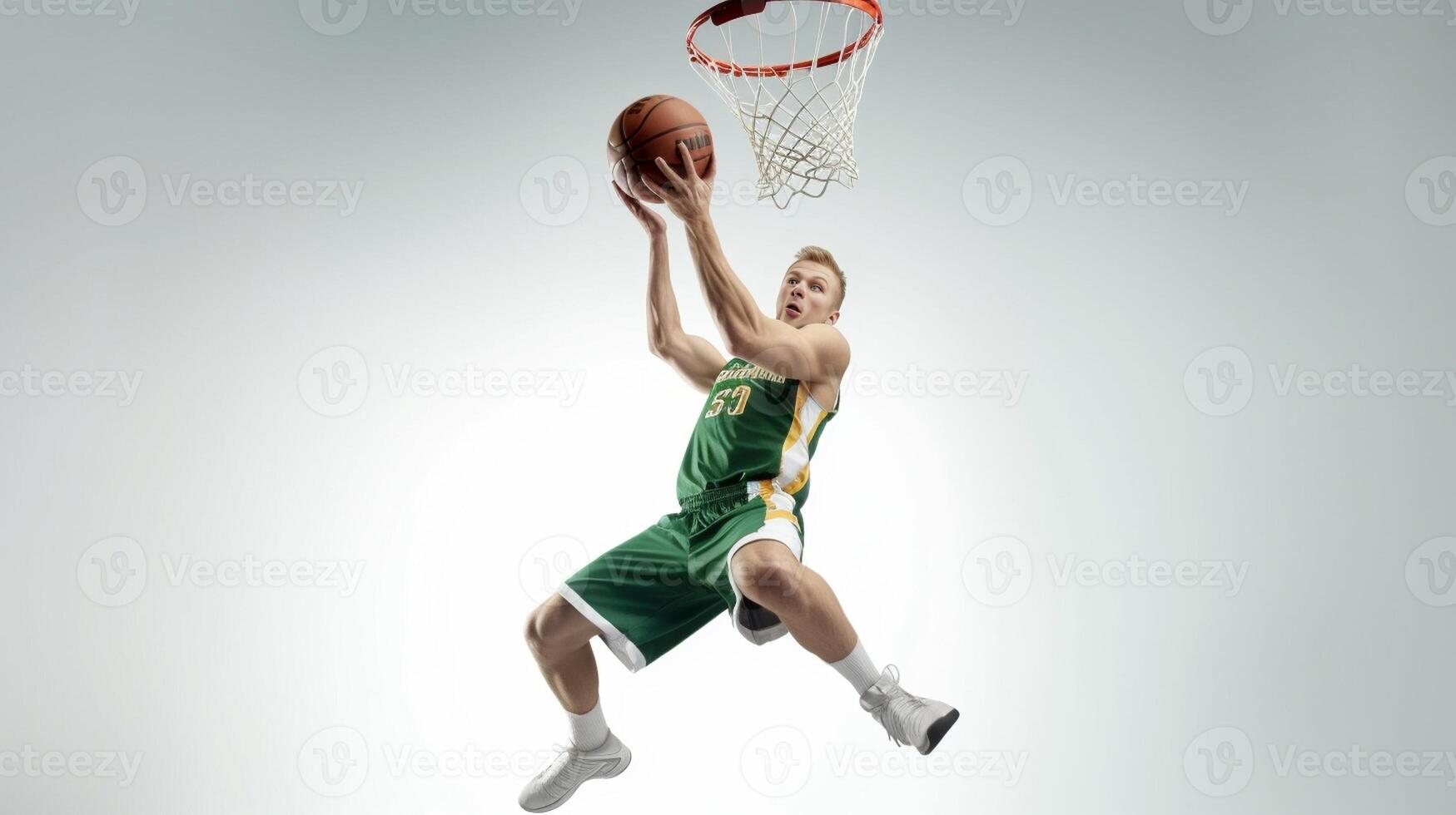 AI Generative Professional slam dunk Basketball player making a rear slam dunk photo