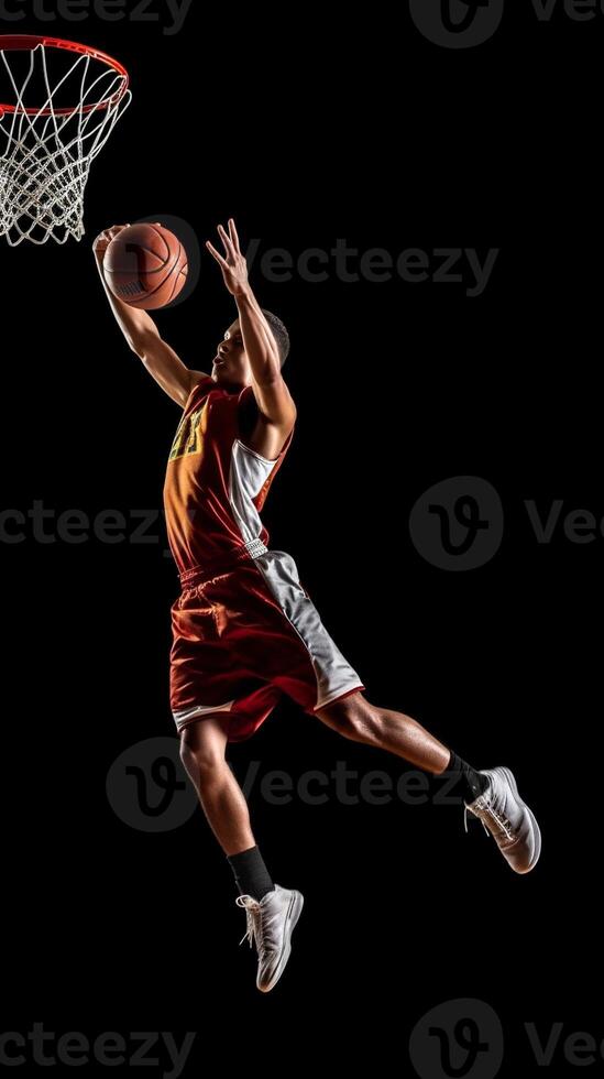 AI Generative Professional slam dunk Basketball player making a rear slam dunk photo