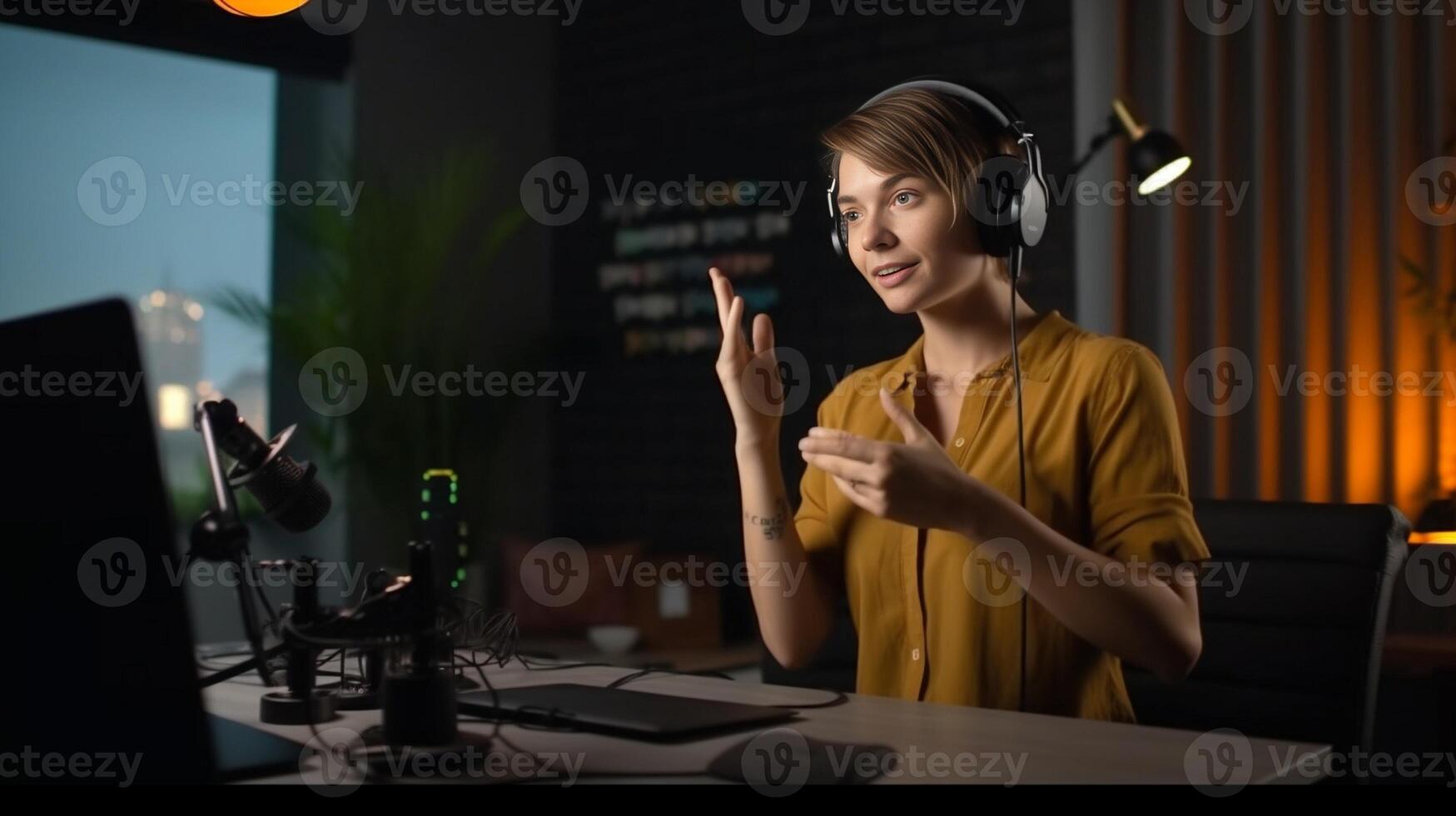 AI Generative Professional female podcaster recording podcast on computer from home studio  Millennial influencer talking in livestream on social media platform  Trendy modern technology concept photo