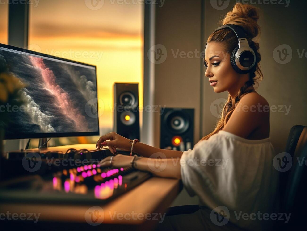 AI Generative Professional female podcaster recording podcast on computer from home studio  Millennial influencer talking in livestream on social media platform  Trendy modern technology concept photo