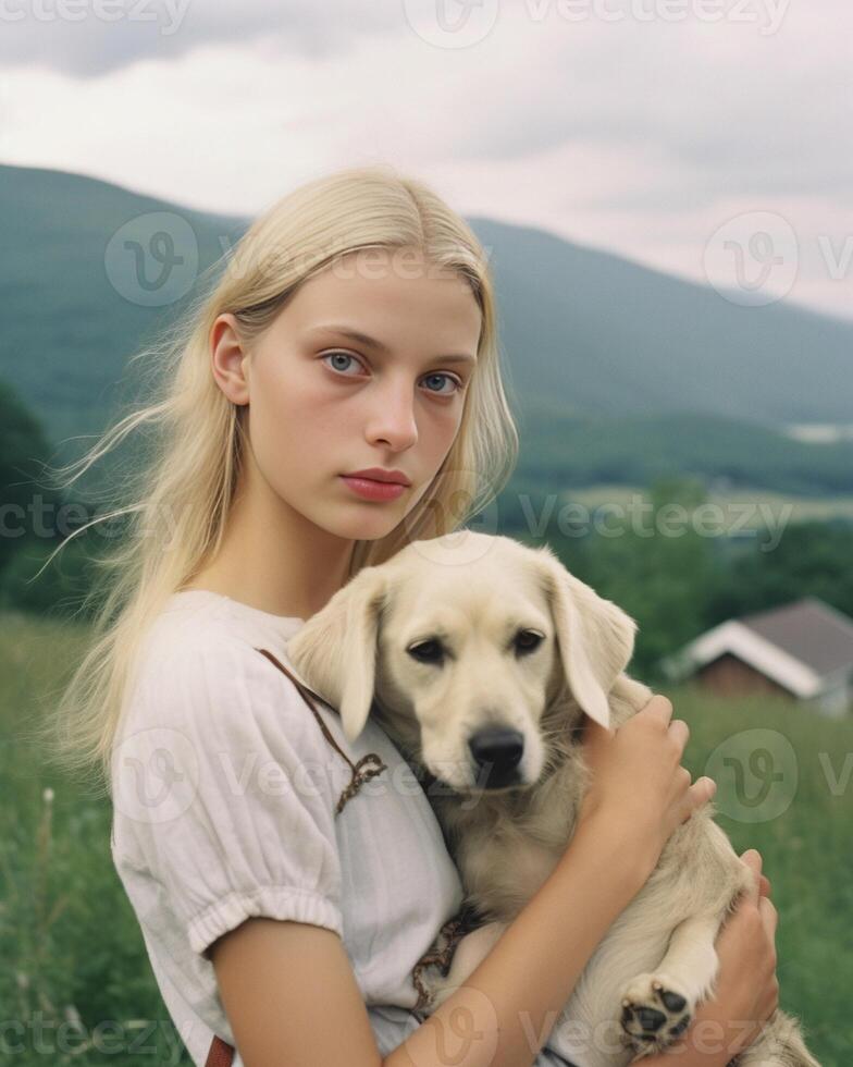 AI Generative Puppy white dog is kissing its caucasian owner in the countryside  caucasian people  animal people lifestyle and nature concept photo