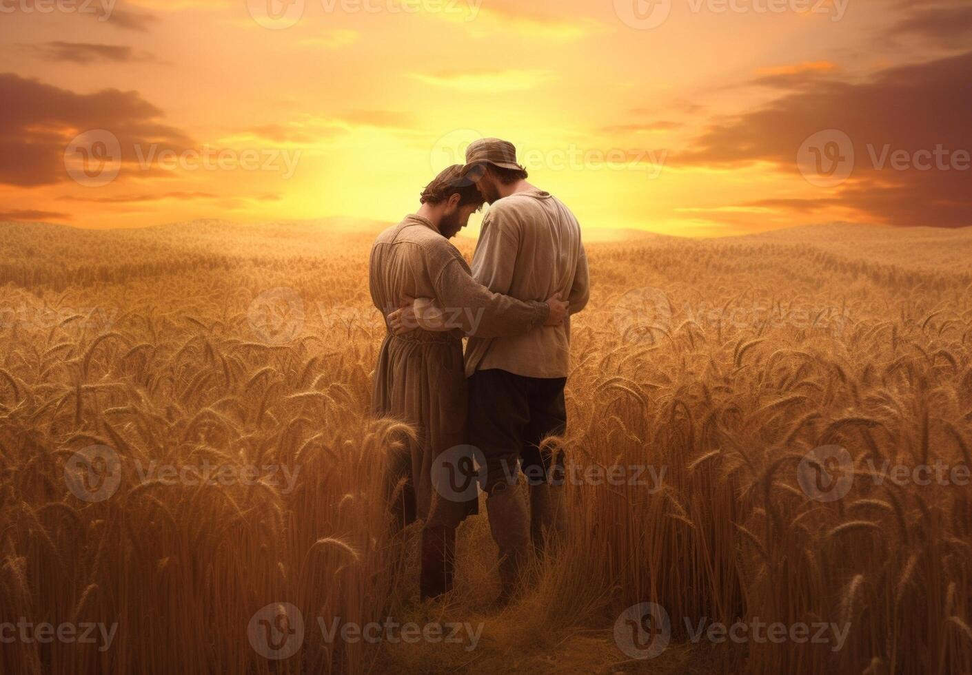 AI Generative Romantic couple in love having a romantic kiss at sunset on a wheat field Blurred effect photo