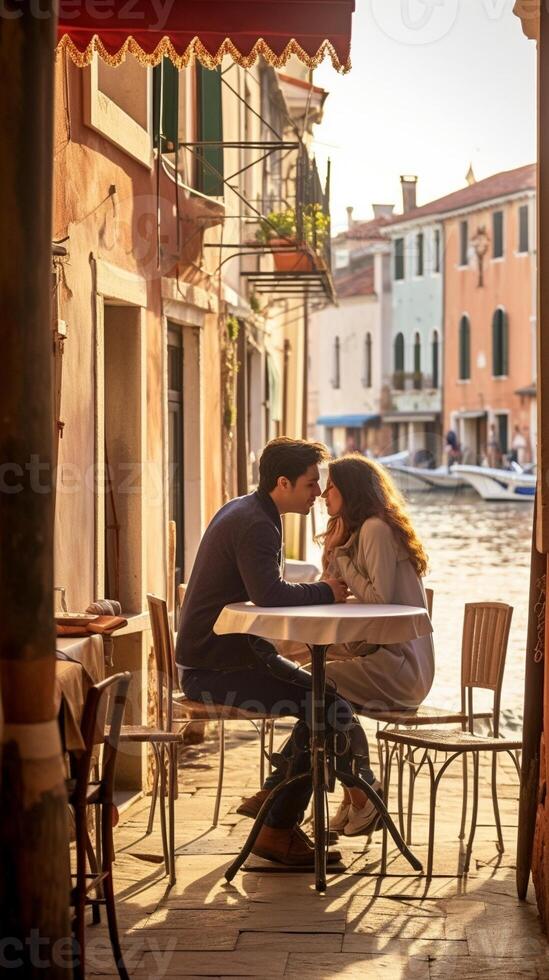 AI Generative Romantic couple in love kissing at holiday in Venice Italy San Marco Square photo