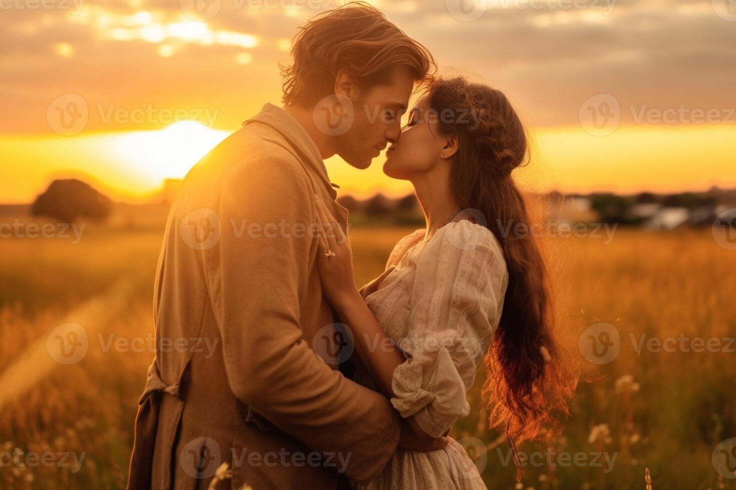 AI Generative Romantic couple in love kissing at sunset  Boyfriend and girlfriend having a romance kiss outdoor  Warm filter photo