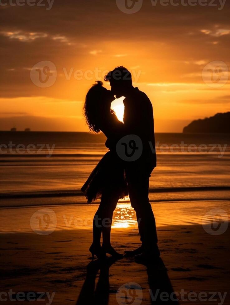 ai generativo romántico Pareja besos a el playa a puesta de sol foto