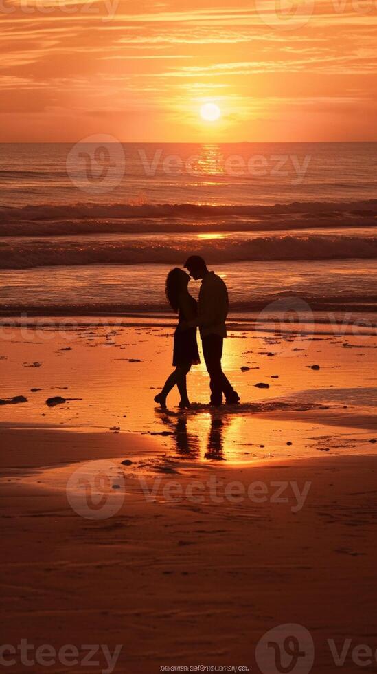 ai generativo romántico Pareja besos a el playa a puesta de sol foto