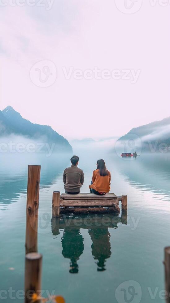 AI Generative Romantic couple of adults in love reading adventure diary together Tourist in love visiting an alpine lake at Braies Italy at autumn fall Couple wanderlust and travel concept Cold photo