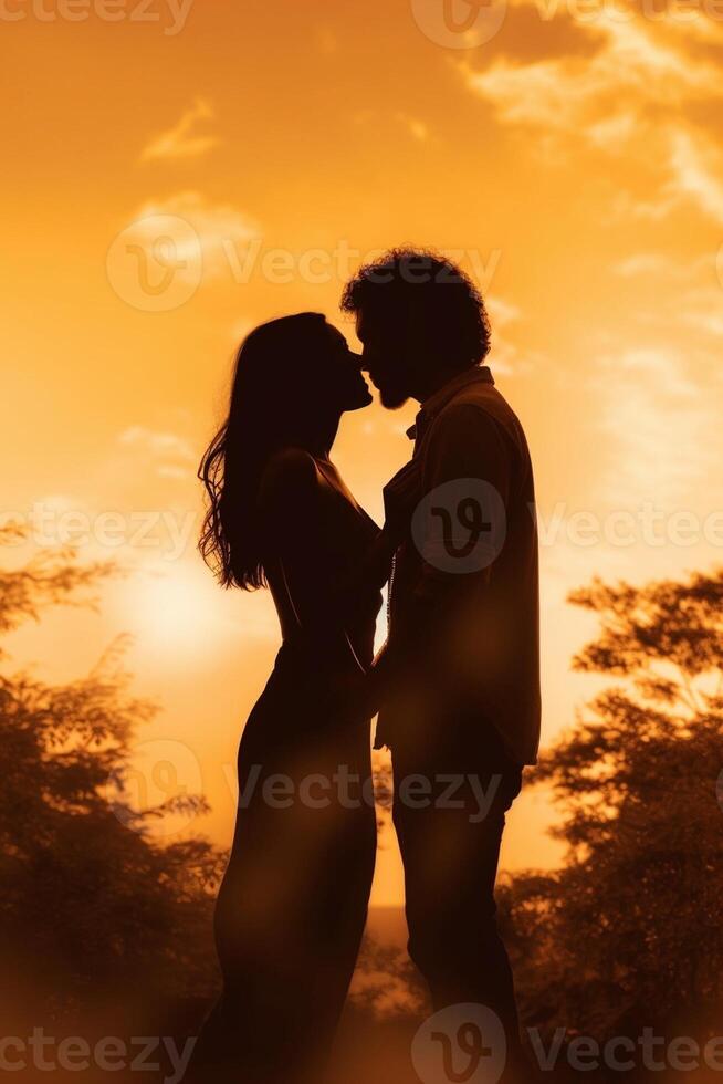 ai generativo romántico Pareja besos fuera de a puesta de sol novio y Novia en amor disfrutando intimidad juntos amor concepto foto
