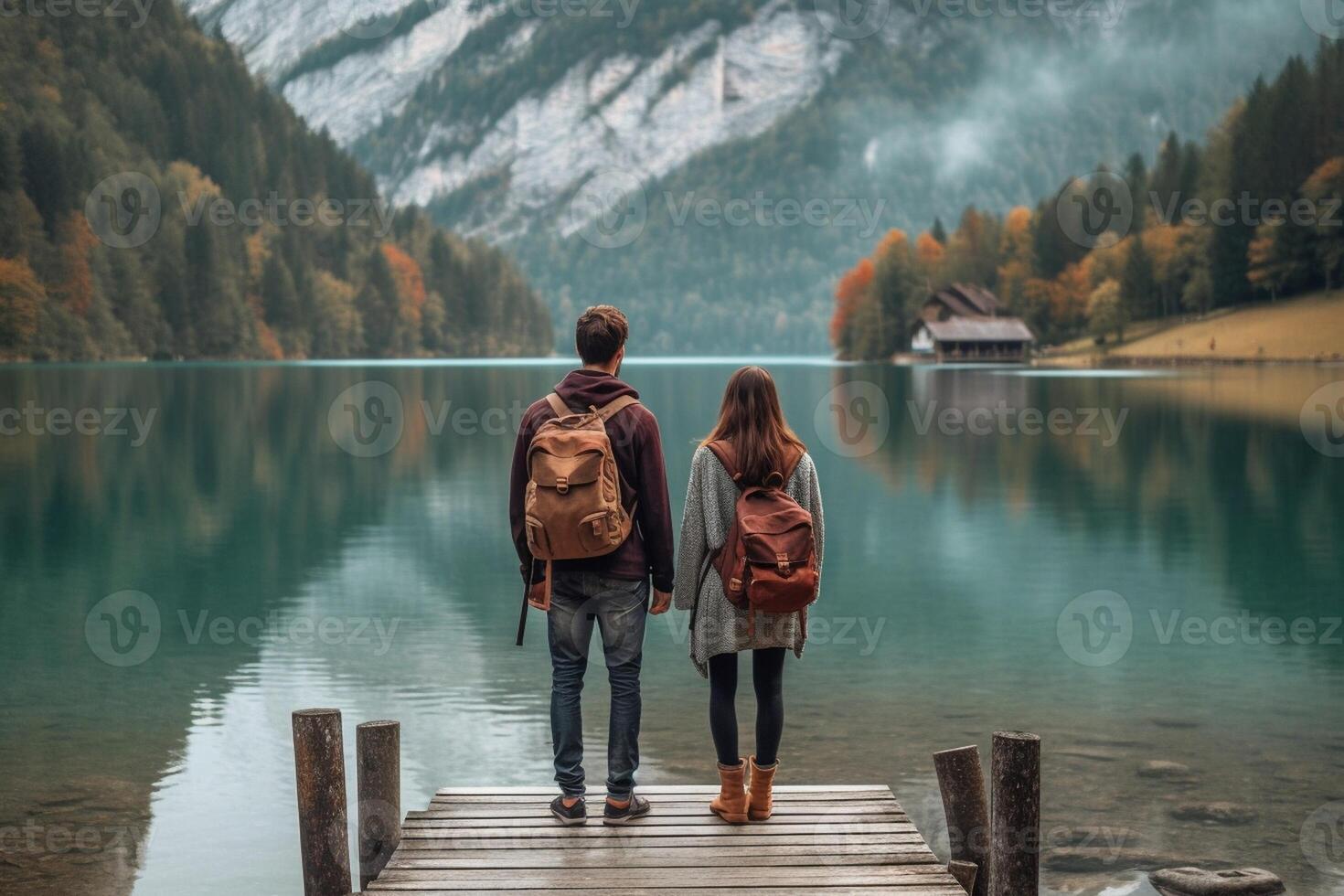 AI Generative Romantic couple of adults in love reading adventure diary together Tourist in love visiting an alpine lake at Braies Italy at autumn fall Couple wanderlust and travel concept Cold photo