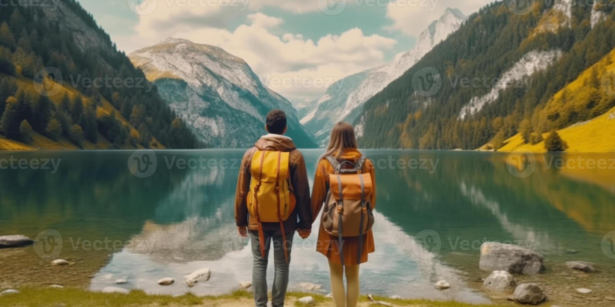 AI Generative Romantic couple of adults visiting an alpine lake at Braies Italy Tourist in love spending loving moments on a mountains background Couple wanderlust and travel concept photo