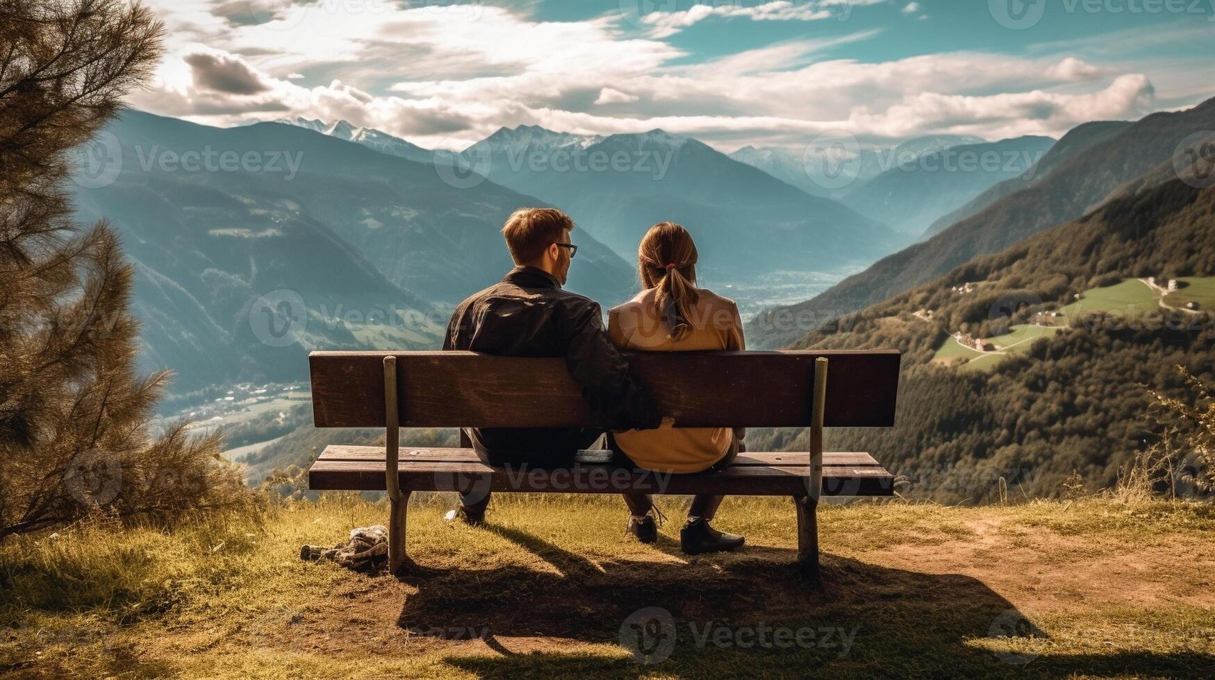 AI Generative Romantic couple on vacation visiting italian dolomites alps  Man and woman having fun together sitting on a hill photo