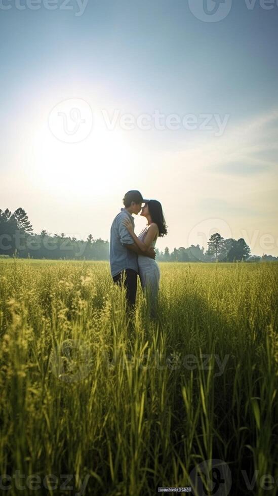 ai generativo romántico Pareja tomando un selfie y besos en un campo a vacaciones foto