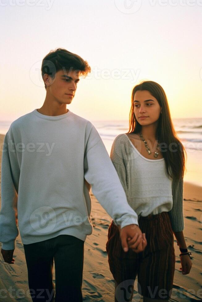 AI Generative Romantic happy couple in love walking at the beach at sunset Boyfriend and girlfriend holding hands at holiday outdoor People love and holidays concept Vintage filter photo