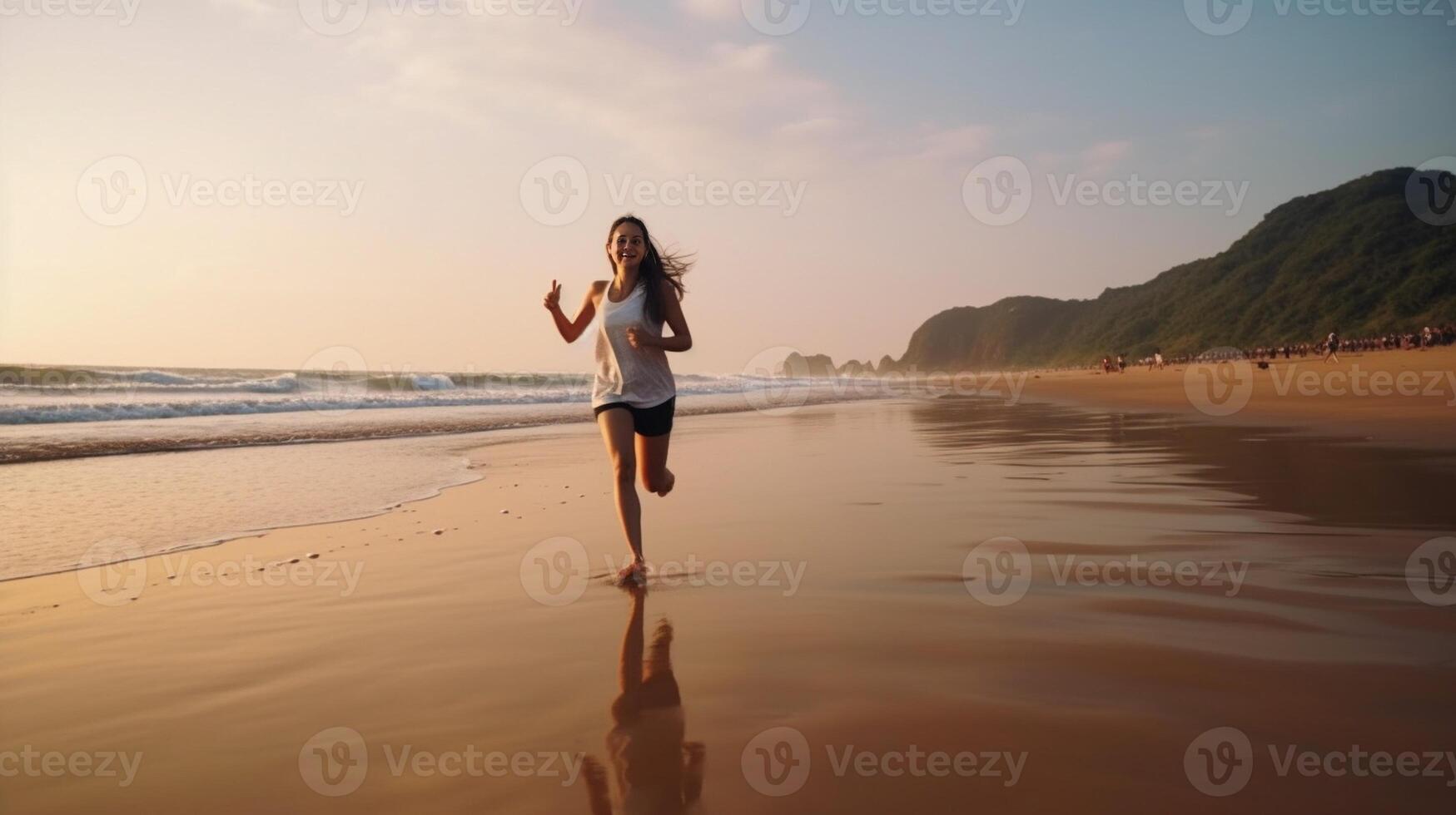 AI Generative Run woman with sea in the background  caucasian people  nature sport people and lifestyle concept photo