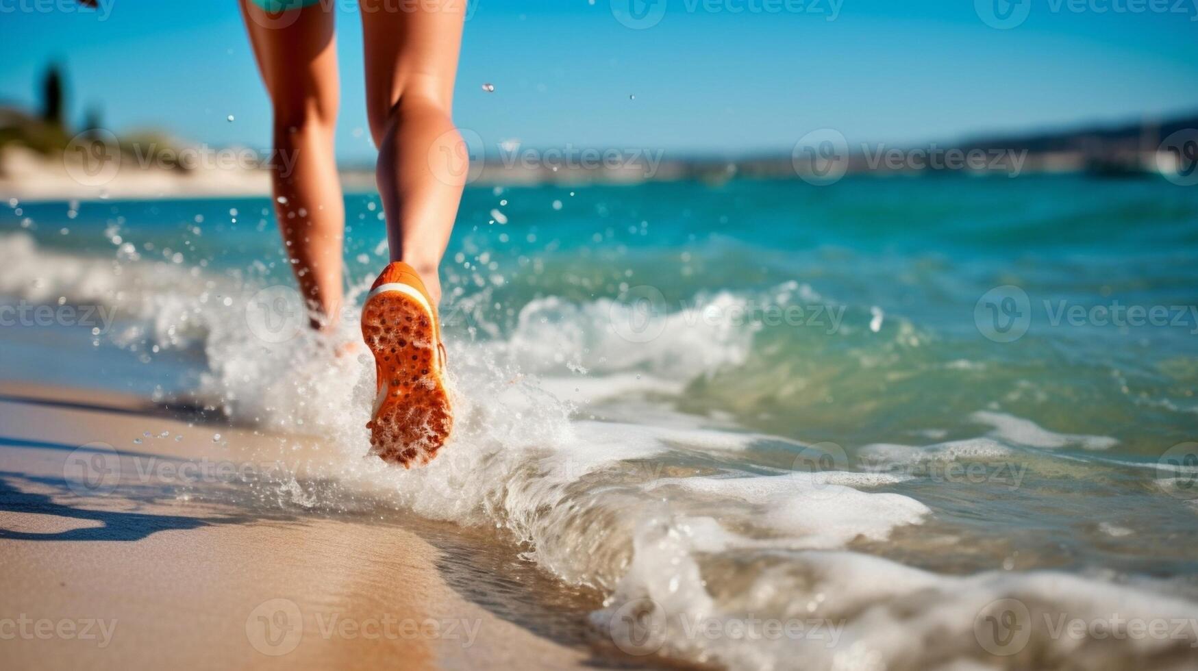 AI Generative Runner woman walking at the beachClose up on the feet concept about training and fitness photo