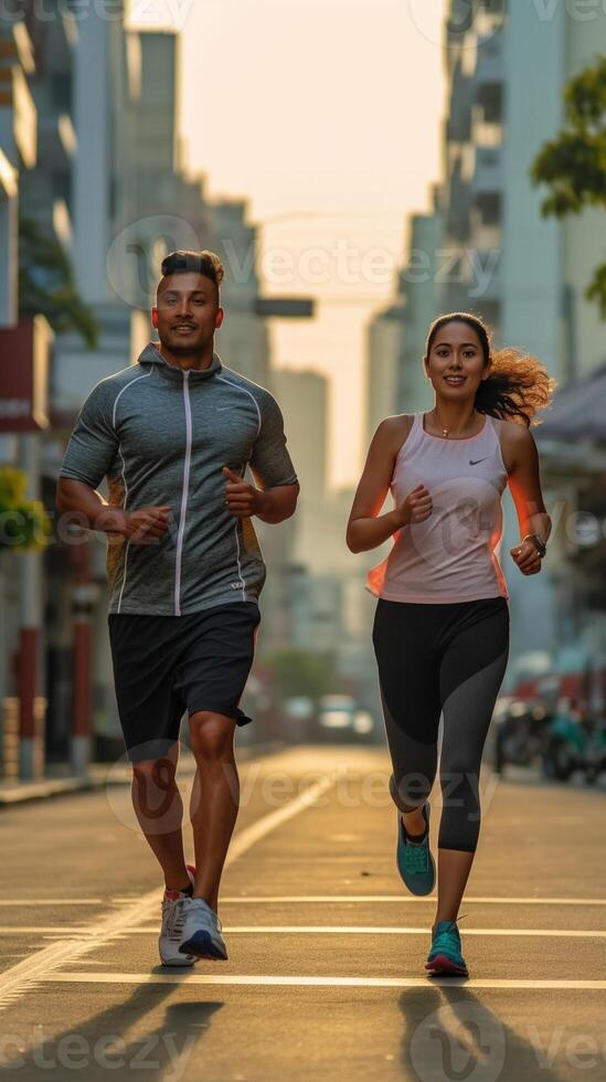 AI Generative Running couple jogging training outside on run  Black man and caucasian woman runner and fitness sport on city street  Exercising jogging and sport concept photo