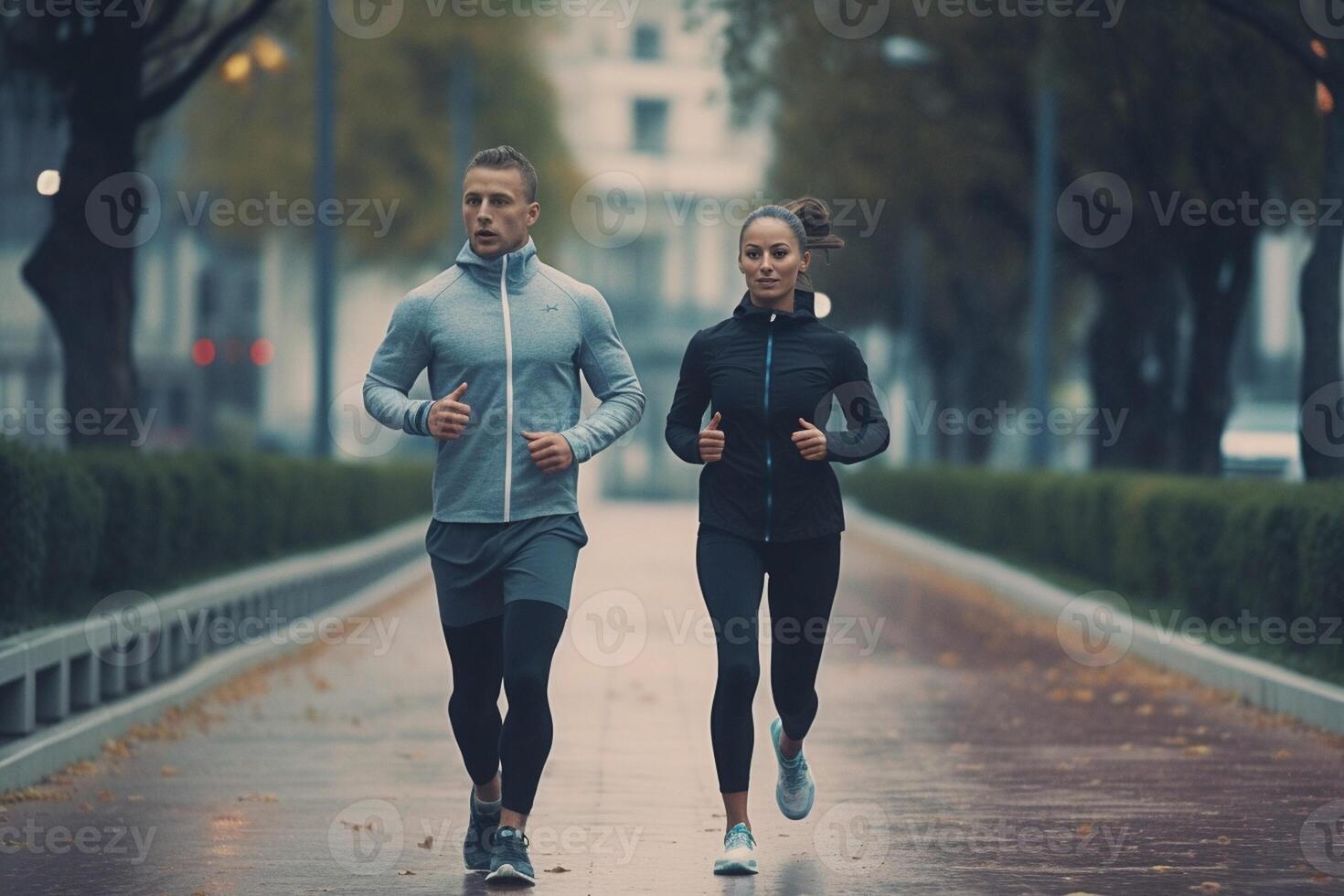 AI Generative Running couple jogging training outside on run  Black man and caucasian woman runner and fitness sport on city street  Exercising jogging and sport concept photo