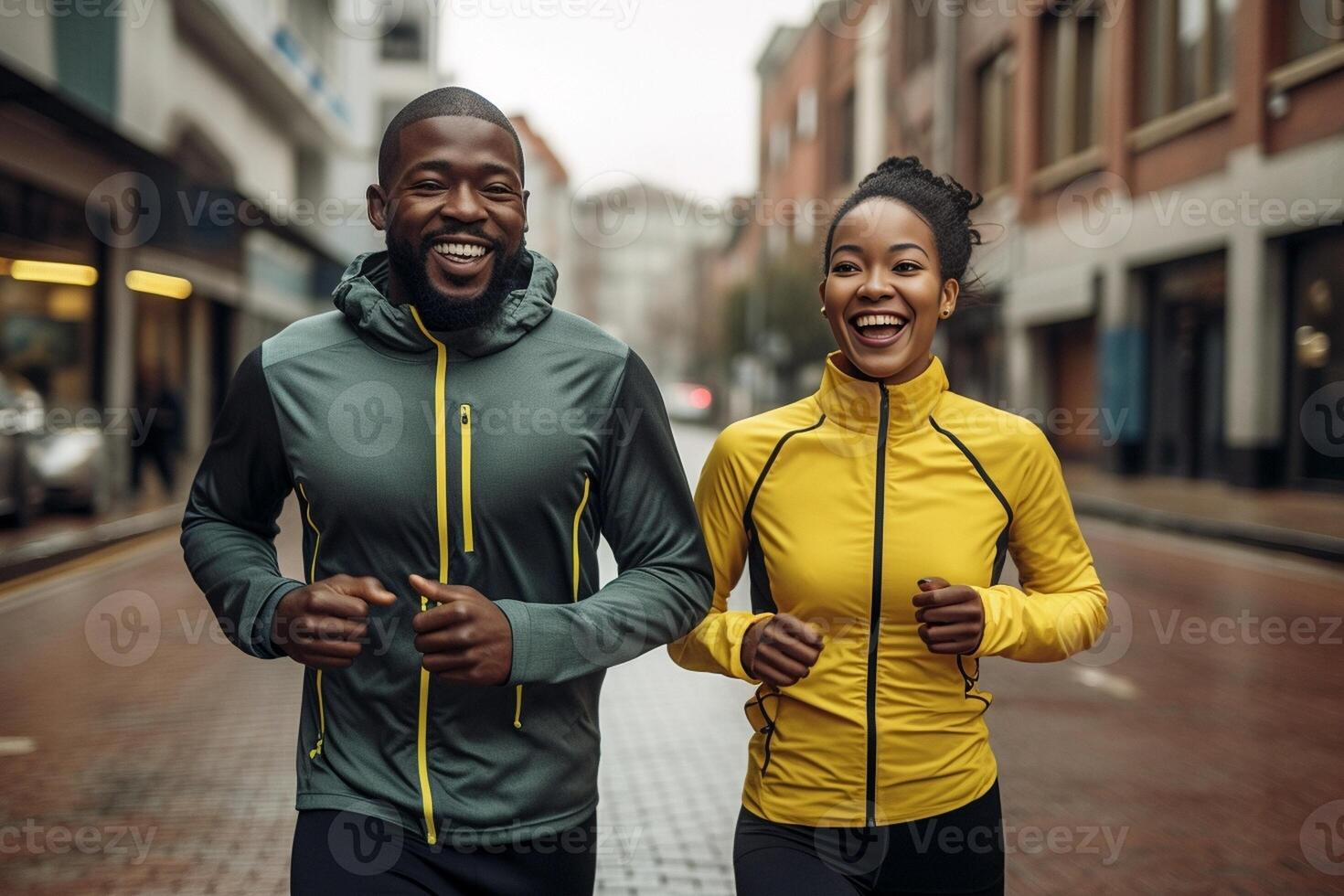 AI Generative Running couple jogging training outside on run  Black man and caucasian woman runner and fitness sport on city street  Exercising jogging and sport concept photo