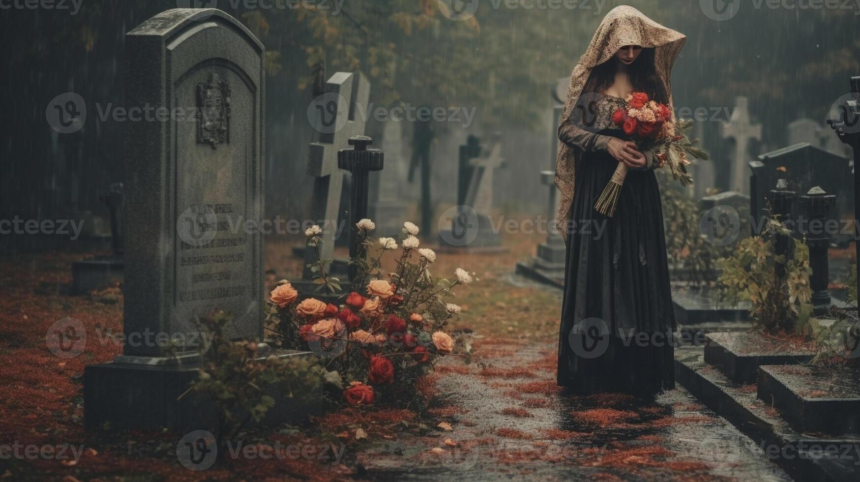 AI Generative Sad woman in the cemetery holding bouquet of roses in her hand photo